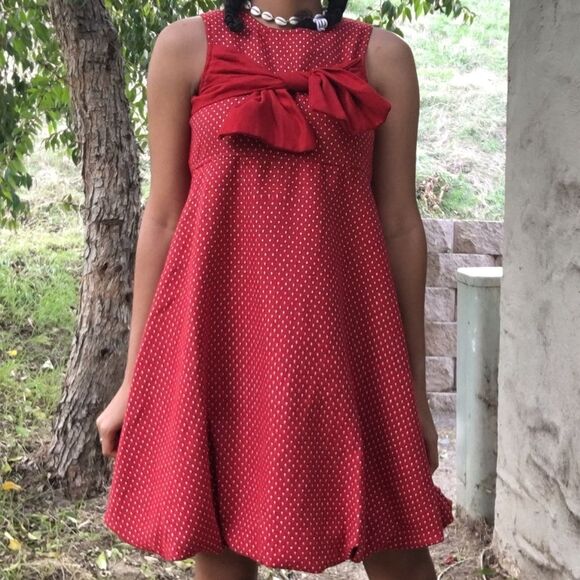 Red polka dot dress with bow/ Thanksgiving and Christmas Dress - Picture 2 of 8